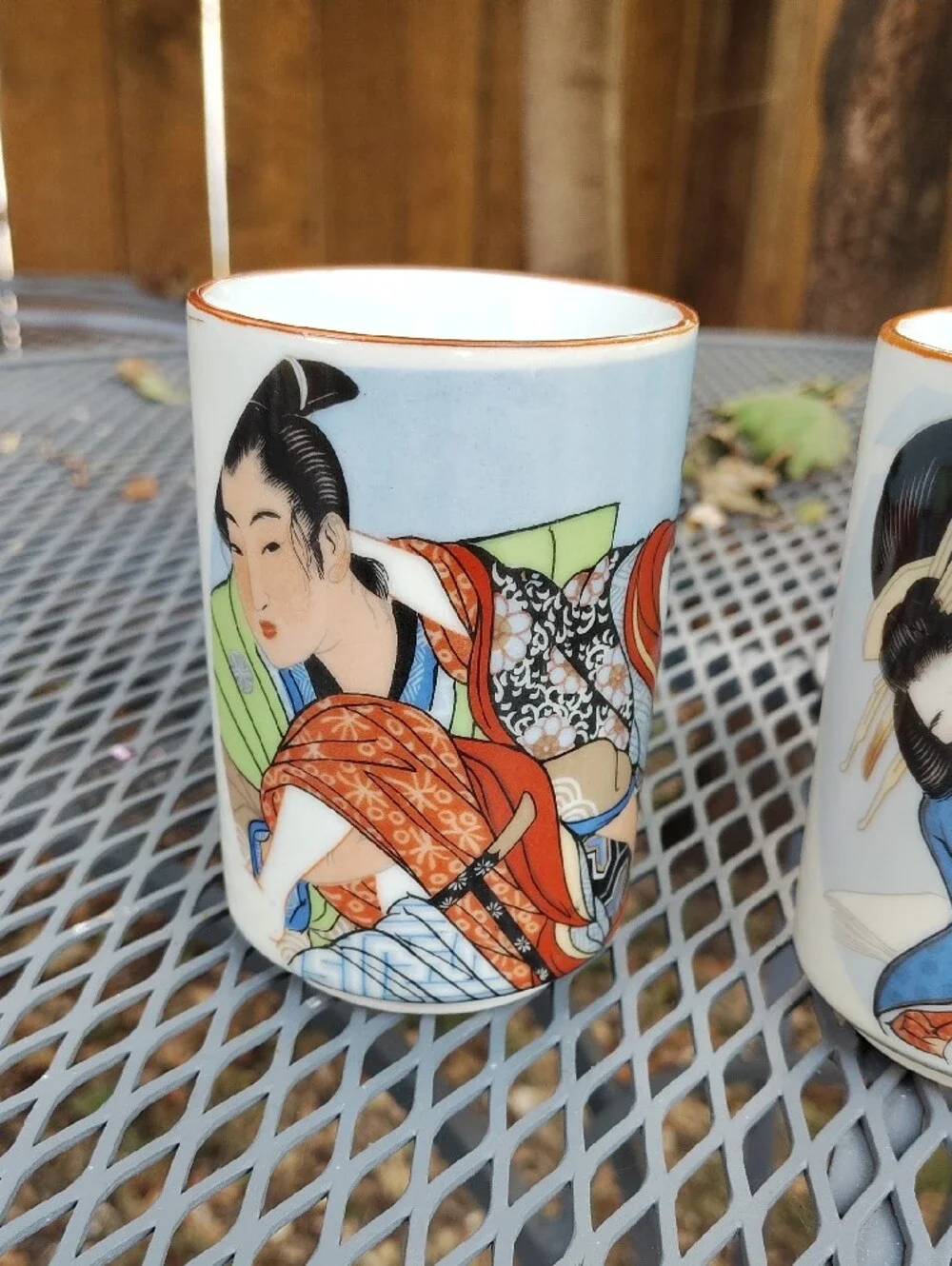 Vintage Porcelain Ukiyo-e Style Sake Mug Cups - Set of 3